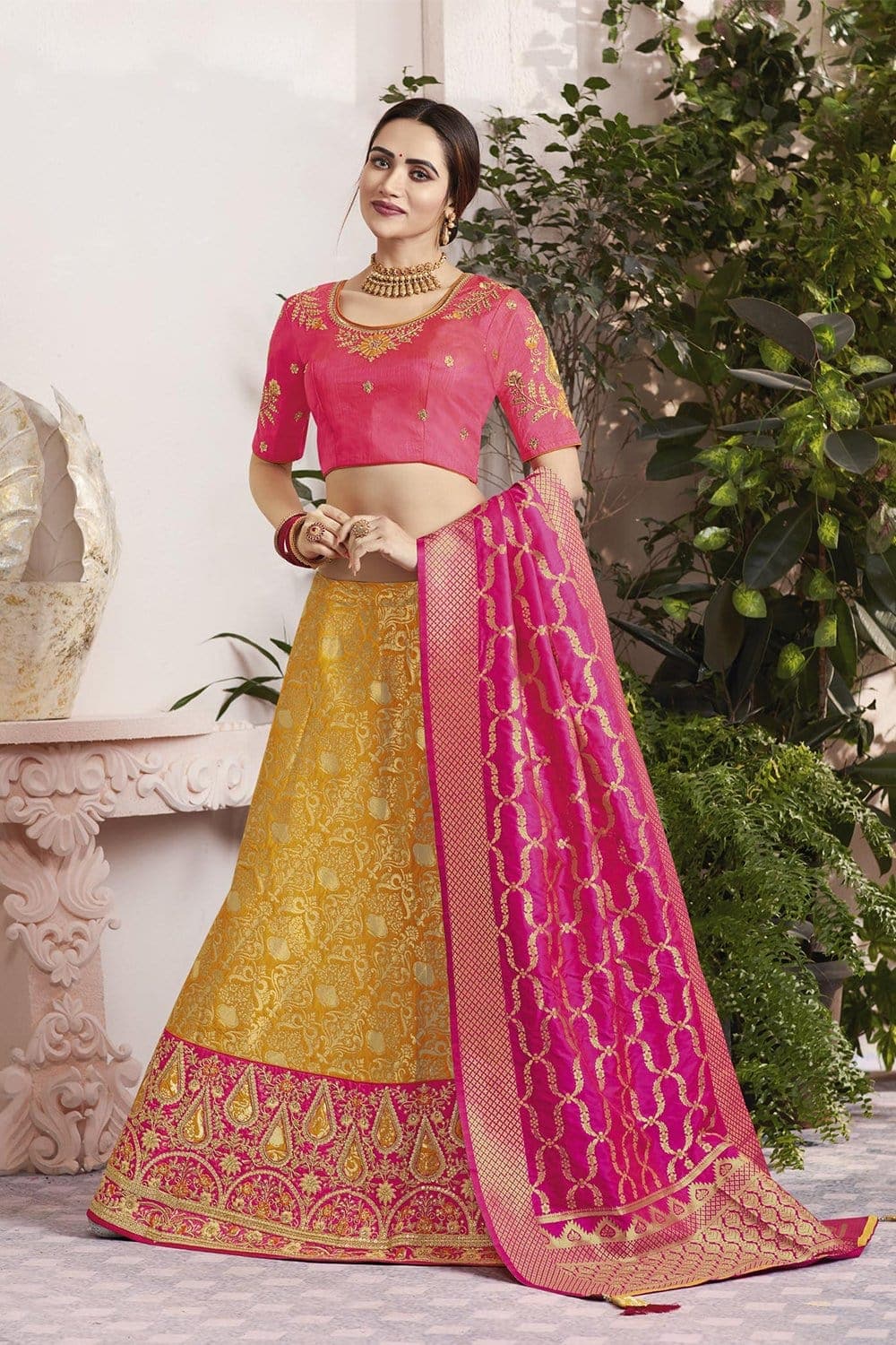 Pink and Yellow Color Wedding Wear Lehenga & Blouse with Dupatta –  fashionnaari