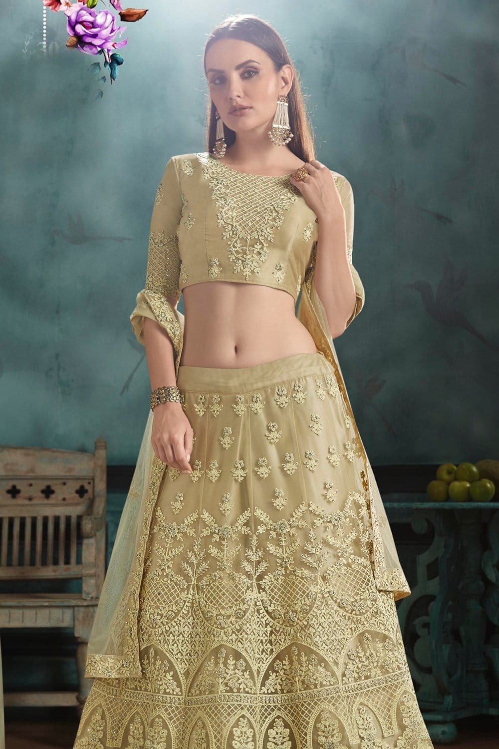Buy Oxidised Gold Lehenga Set With Velvet Dupatta Shawl Online for Women by  RANIAN - 3977454