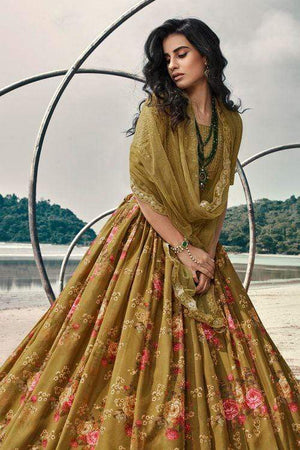 Olive Green Floral Organza Designer Lehenga