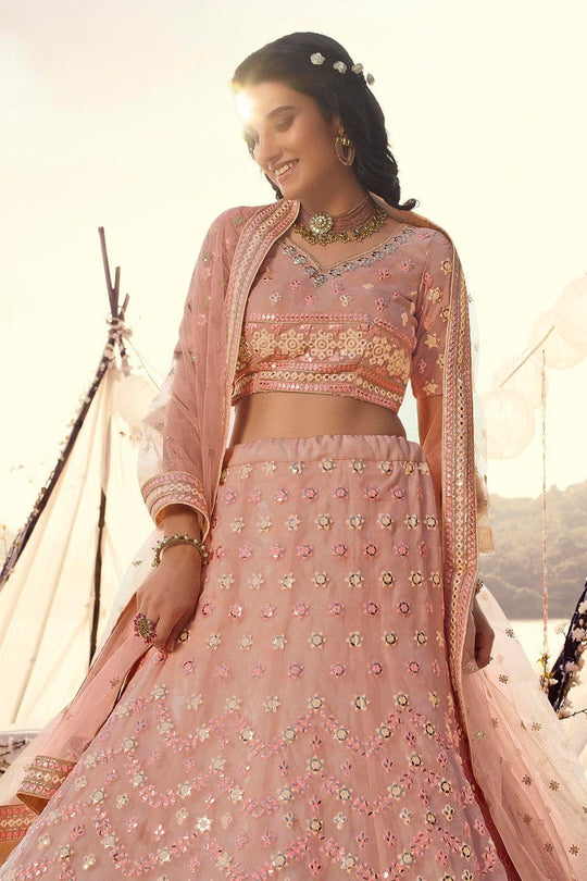 Peach Pink Organza Designer Lehenga