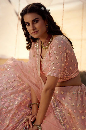 Peach Pink Organza Designer Lehenga