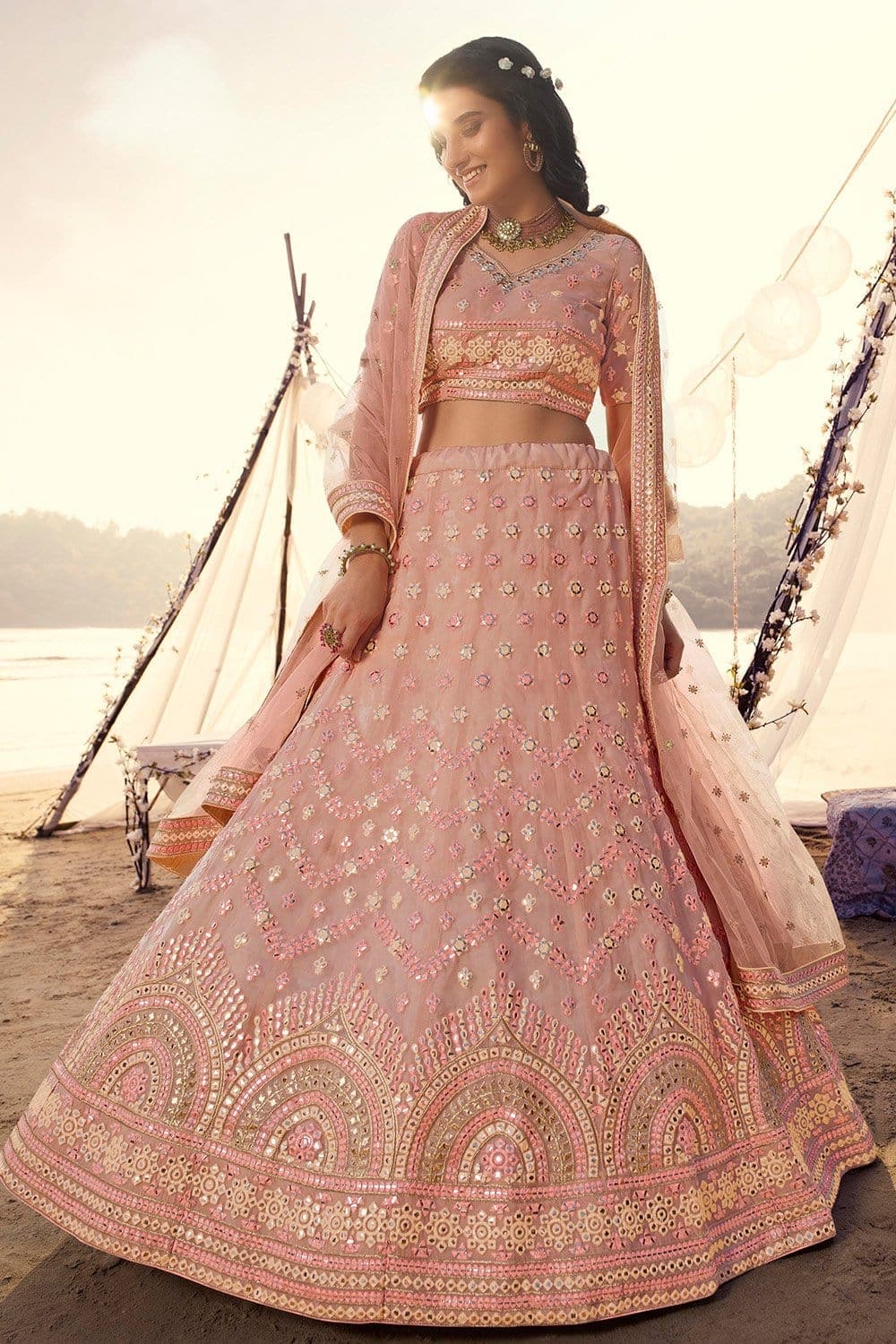 Buy Peach Pink Organza Designer Lehenga online KARAGIRI Karagiri