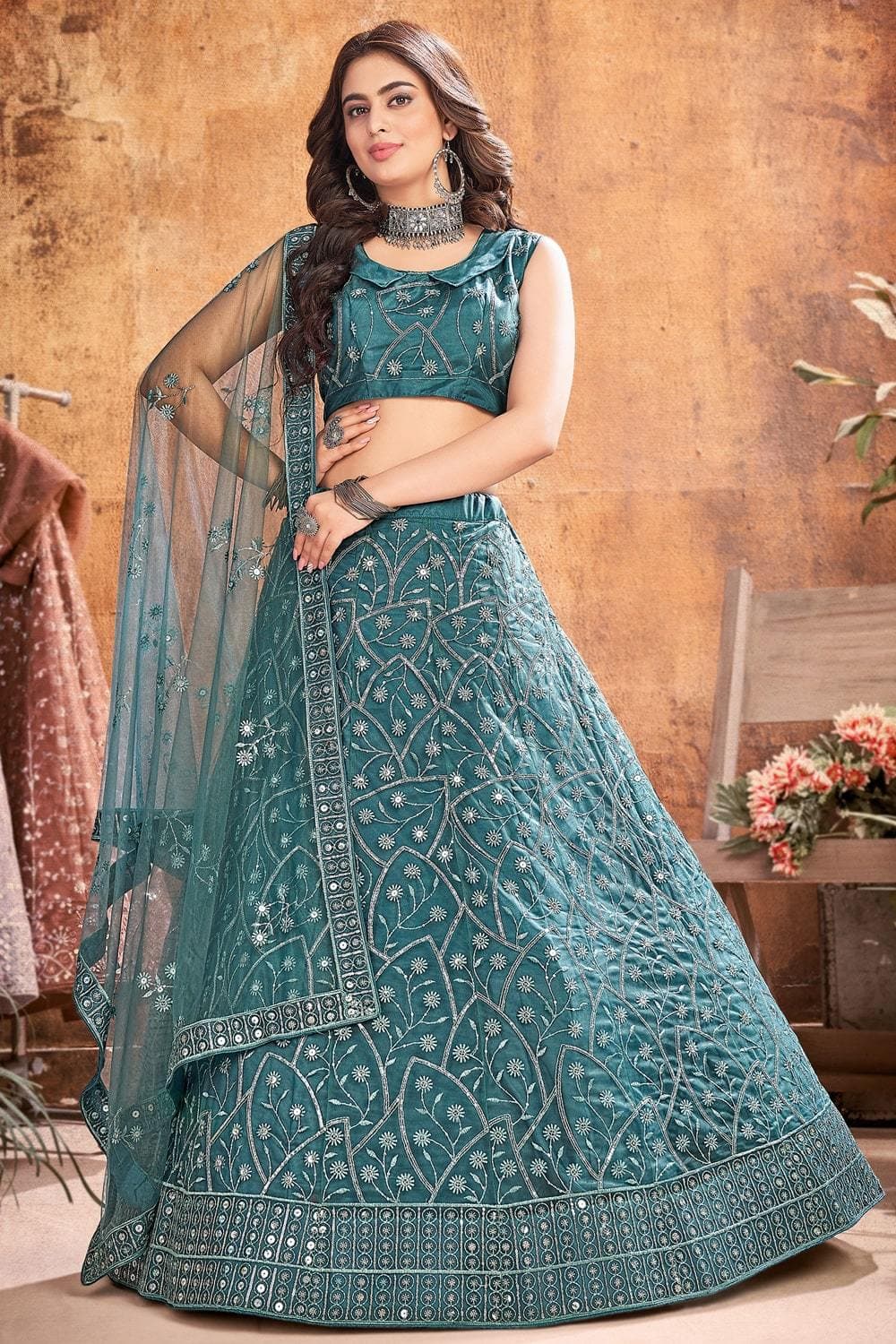 Peacock Blue And Red Bridal Lehenga