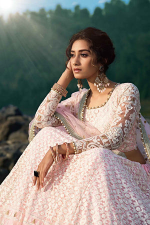 Pink With White Embroidery Soft Net Lehenga