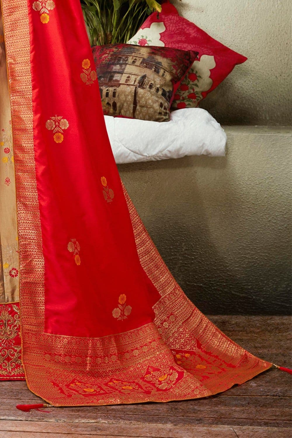 Special Light Pink Silver And Golden Weaving Half And Half Saree Lehnaga  Material