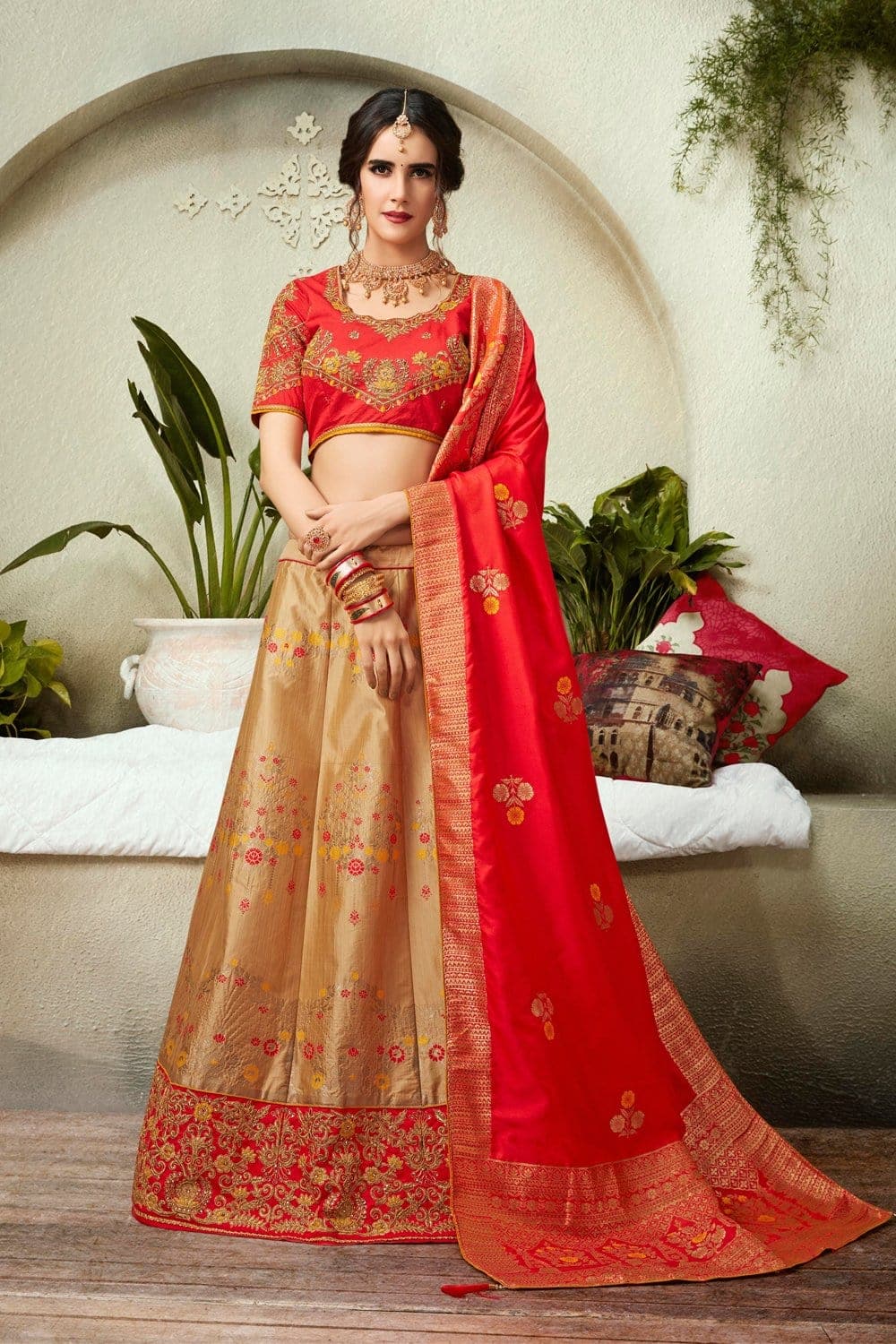 Exclusive Golden Lehenga with Orange Blouse and Contrasting Dupatta  [LB91610417] freesize in Vellore at best price by Almas Zari Sarees -  Justdial