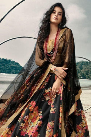 Sable Black Floral Organza Designer Lehenga