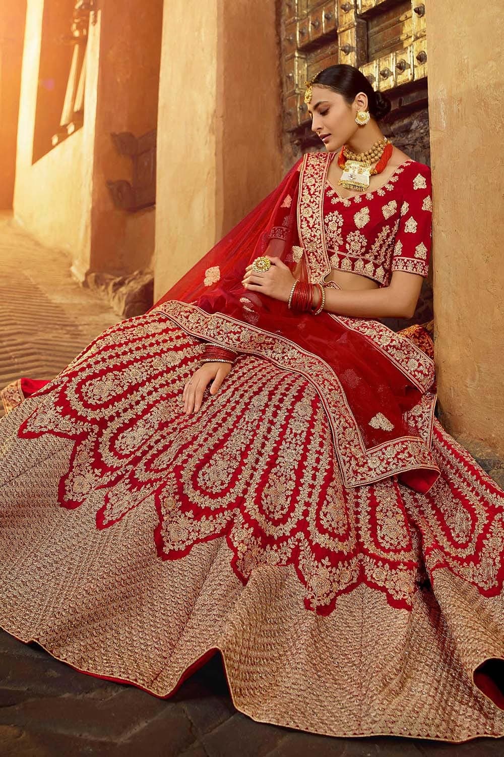 Red Gold Zari Weaving Work Banarasi Silk Lehenga Choli