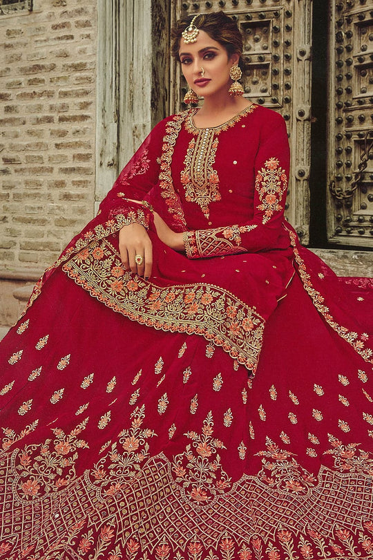 red lehenga suit