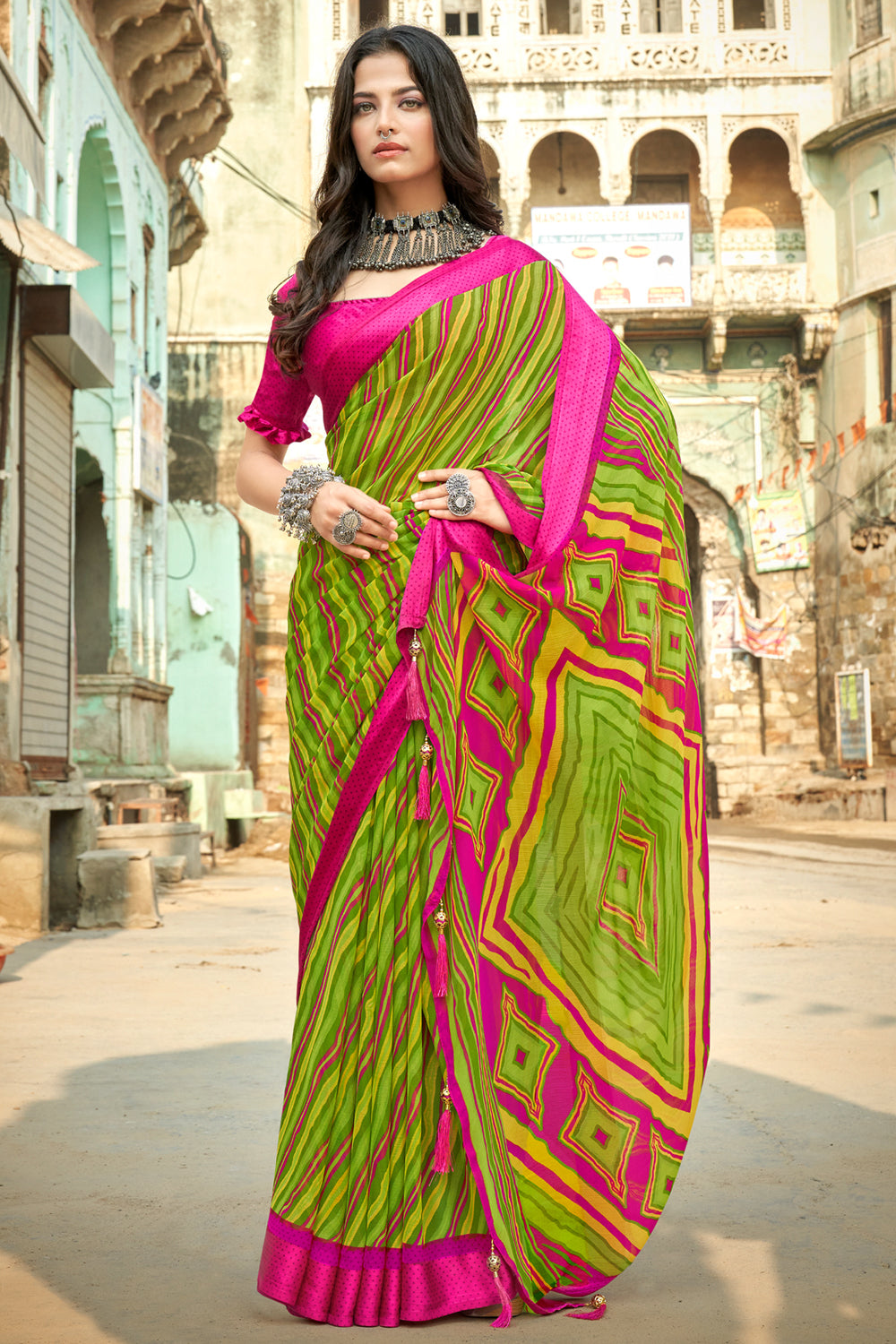 Leheriya chiffon deals fabric online