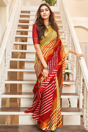 Orange Red Dual Tone Leheriya Printed Saree