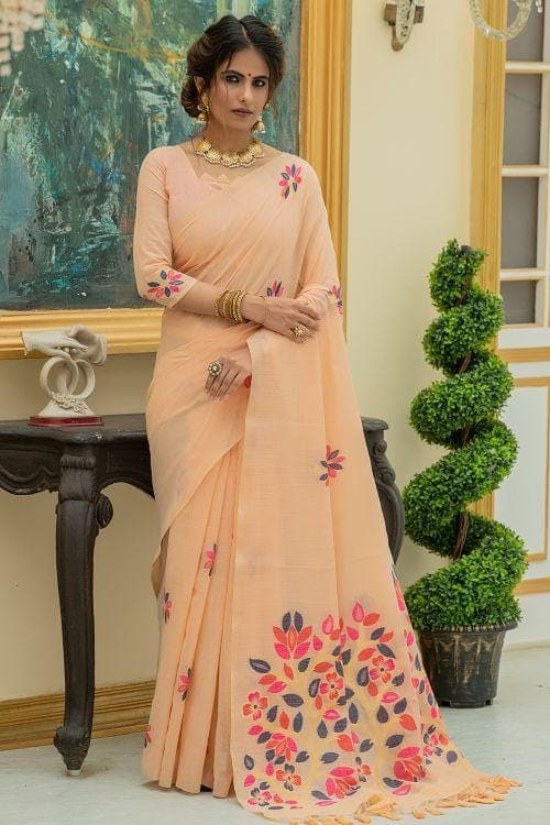 Apricot Orange Linen Blend Saree