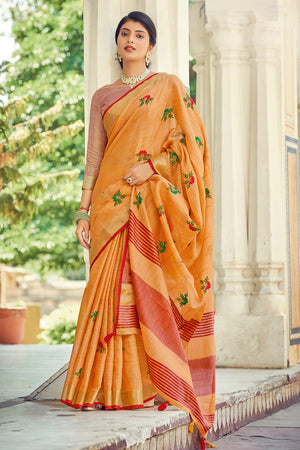 Apricot Orange Linen Blend Saree