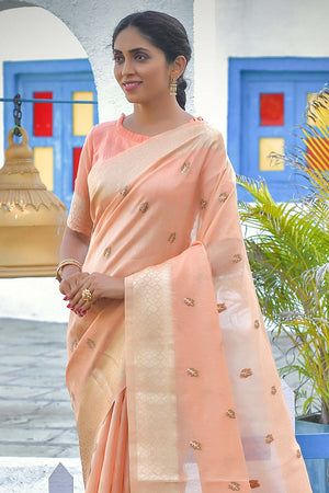 Apricot Peach Tissue Linen Blend Saree