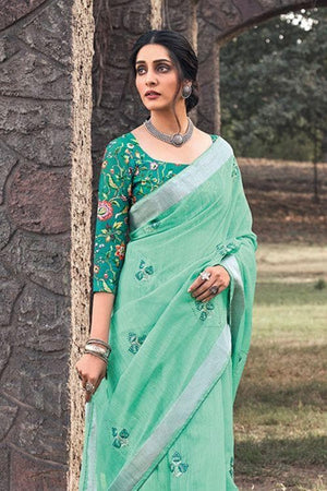 Aqua Green Linen Blend Saree