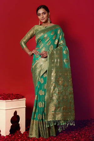 Aqua Green Linen Blend Saree