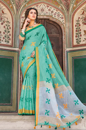Aqua Green Linen Blend Saree
