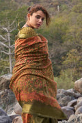 Army Green Floral Printed Linen Blend Saree