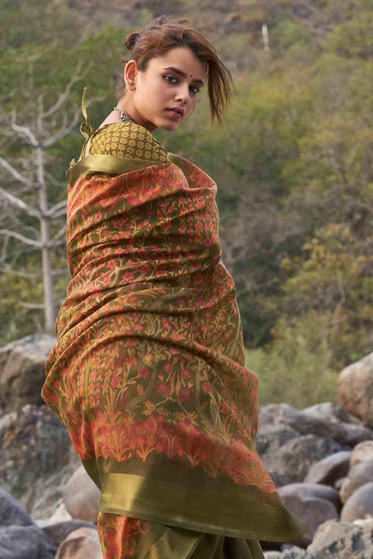 Army Green Floral Printed Linen Blend Saree