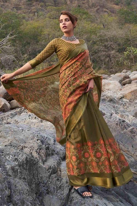 Army Green Floral Printed Linen Blend Saree