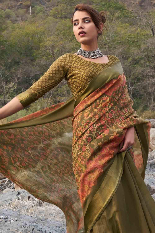 Army Green Floral Printed Linen Blend Saree