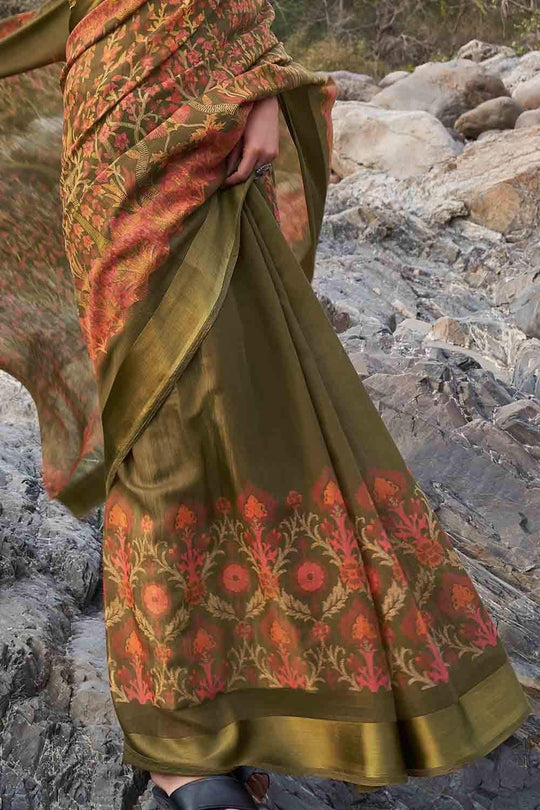 Army Green Floral Printed Linen Blend Saree