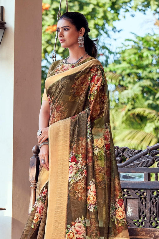 Army Green Linen Blend Saree