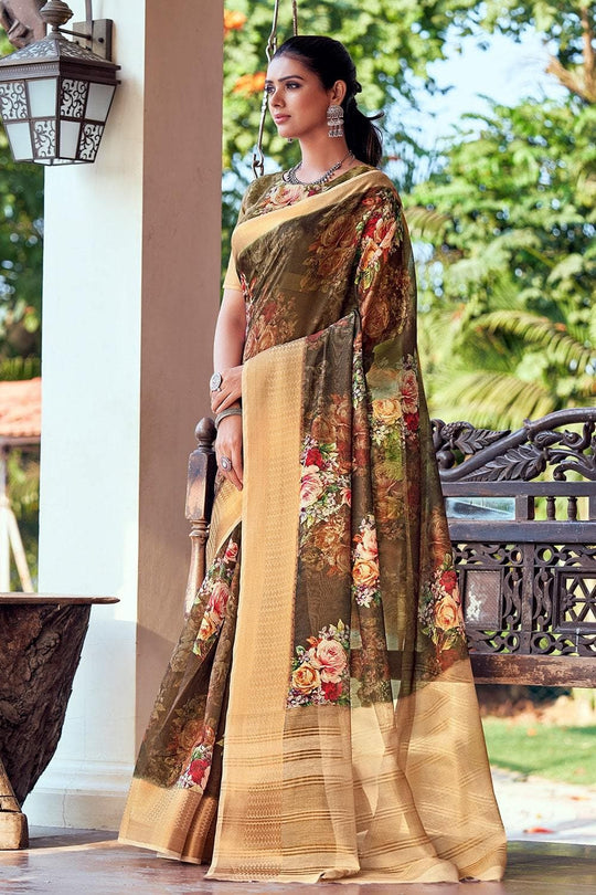 Army Green Linen Blend Saree