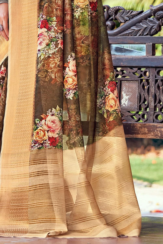 Army Green Linen Blend Saree