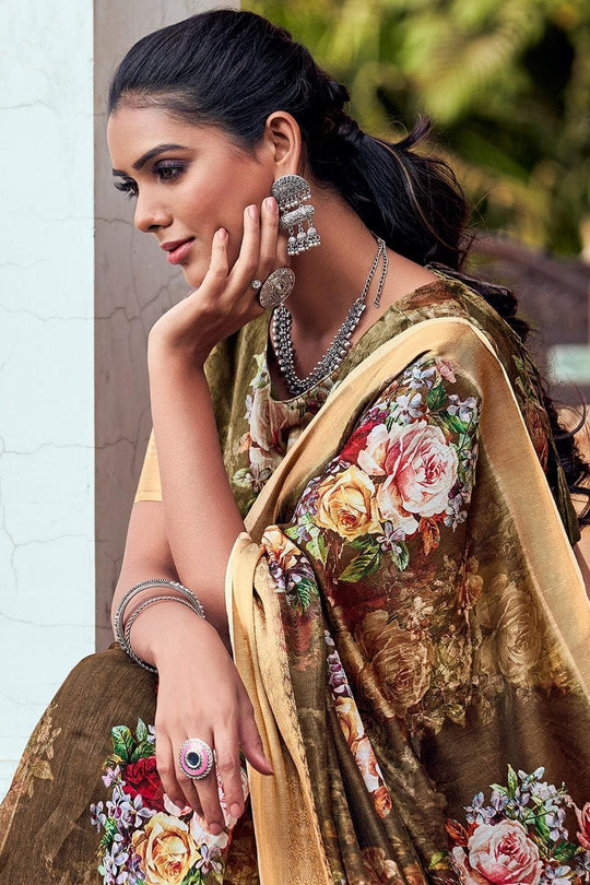 Army Green Linen Blend Saree