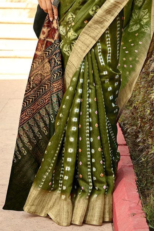 Linen Saree Army Green Printed Linen Saree saree online