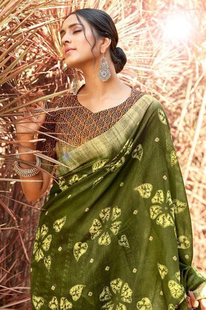 Army Green Printed Linen Saree