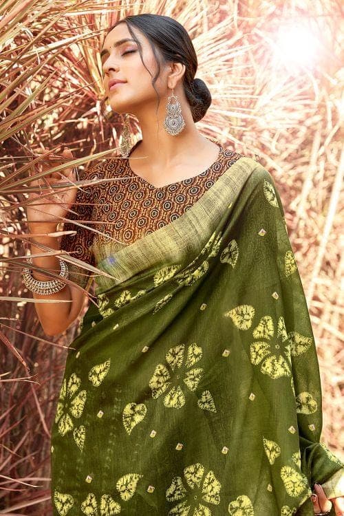 Linen Saree Army Green Printed Linen Saree saree online