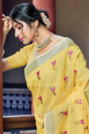 Aureolin Yellow Linen Blend Saree