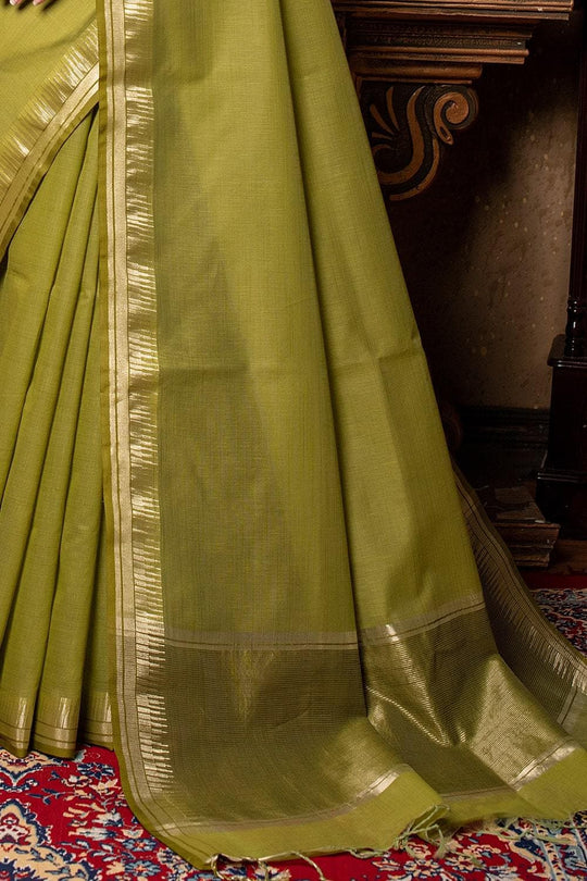 Avocado Green Plain Linen Blend Saree
