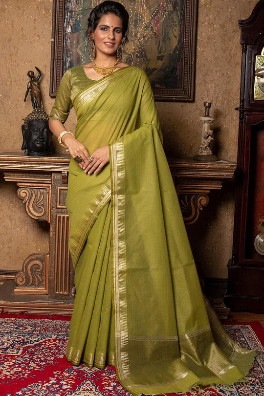 Avocado Green Plain Linen Blend Saree