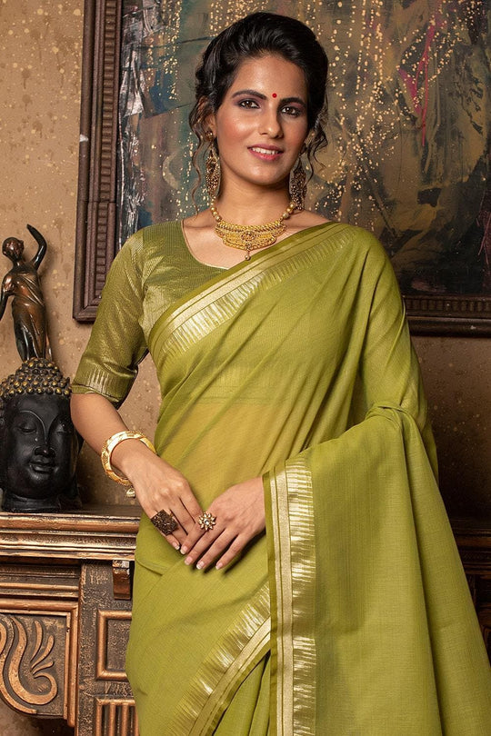 Avocado Green Plain Linen Blend Saree