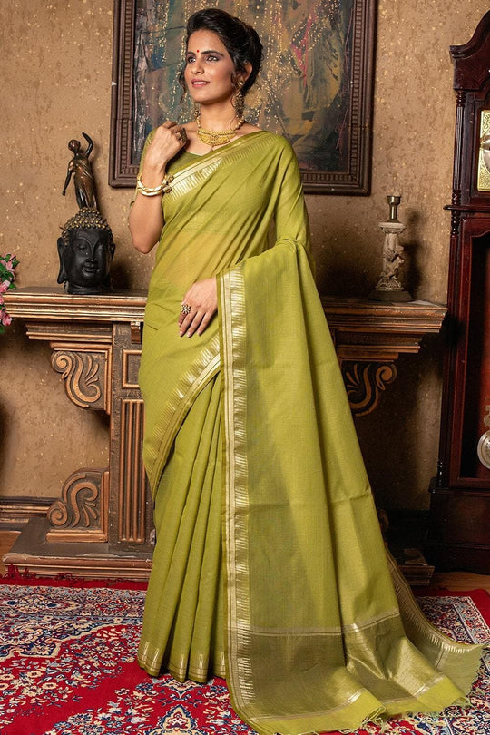 Avocado Green Plain Linen Blend Saree