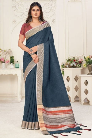 Azure Blue Linen Blend Saree