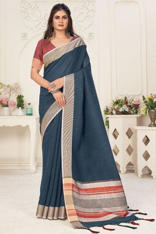 Linen Saree Azure Blue Linen Saree saree online