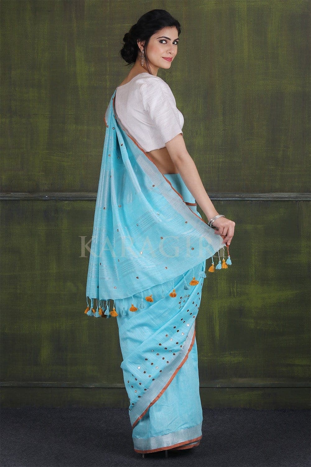 Baby Blue Linen Saree With Mirror Work