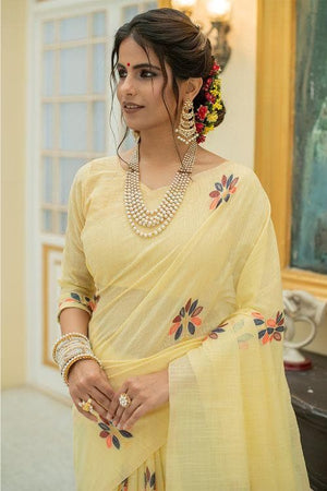 Banana Yellow Linen Blend Saree