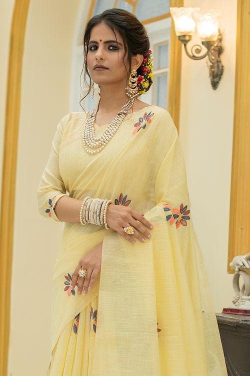 Banana Yellow Linen Blend Saree
