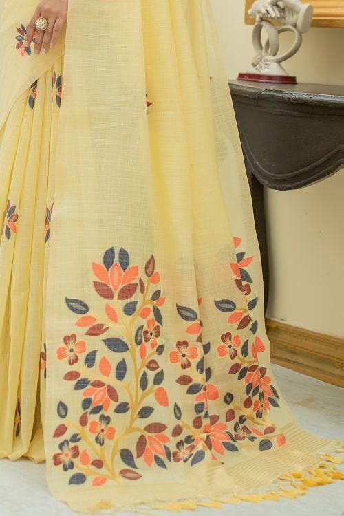 Banana Yellow Linen Blend Saree
