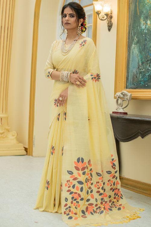 Banana Yellow Linen Blend Saree