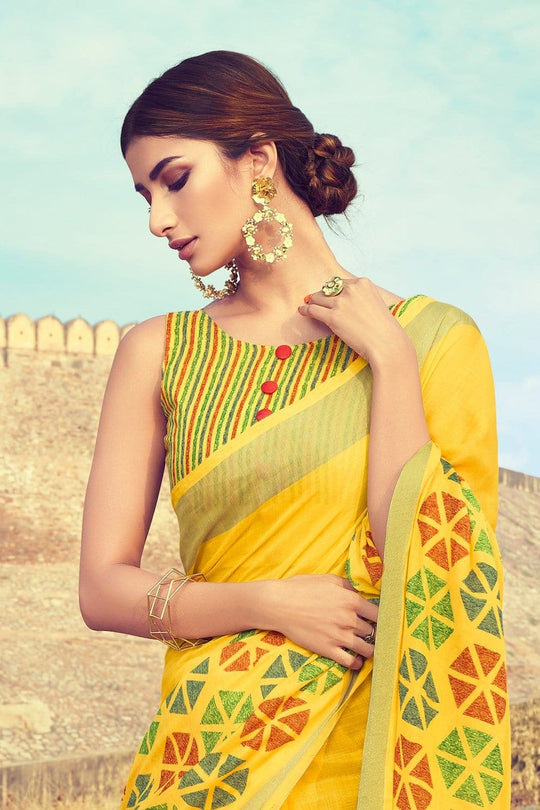 Buy Beautiful amber yellow linen saree online - Karagiri
