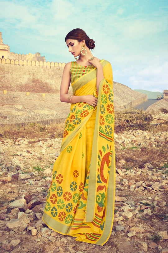 Buy Beautiful amber yellow linen saree online - Karagiri