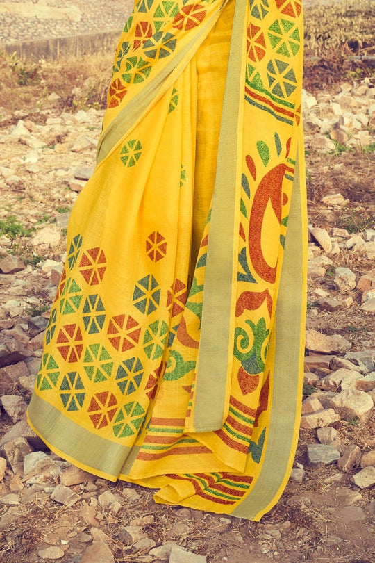 Buy Beautiful amber yellow linen saree online - Karagiri