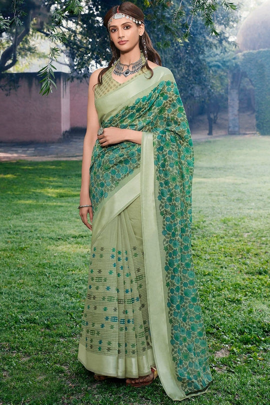 Beautiful Asparagus Green Cotton Linen Blend Saree