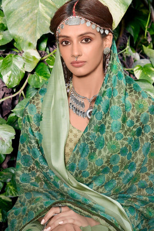 Beautiful Asparagus Green Cotton Linen Blend Saree